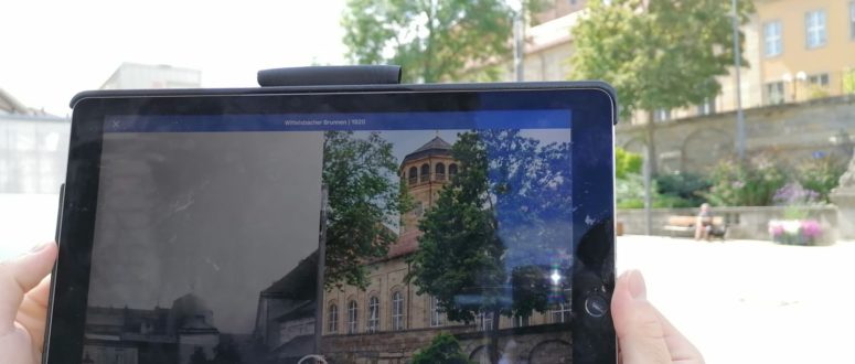 Der Markgrafenbrunnen mit Schlossturm1920 und 2020 - ab jetzt verfügbar in der "Future History"-App | Foto: Bayreuth Marketing & Tourismus GmbH