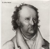 Schwarz-Weiß-Zeichnung eines Mannes mittleren Alters mit lockigem Haar, hoher Stirn und ernster Miene, der ein Hemd mit Kragen und einen Mantel trägt. In der oberen linken Ecke steht © Litho Meier; Bayreuth ist im Stil des Bildes dezent vermerkt.