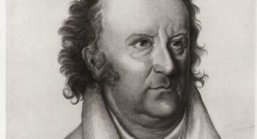 Schwarz-Weiß-Zeichnung eines Mannes mittleren Alters mit lockigem Haar, hoher Stirn und ernster Miene, der ein Hemd mit Kragen und einen Mantel trägt. In der oberen linken Ecke steht © Litho Meier; Bayreuth ist im Stil des Bildes dezent vermerkt.