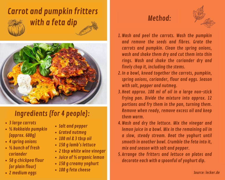 Recipe for carrot and pumpkin fritters with a feta dip