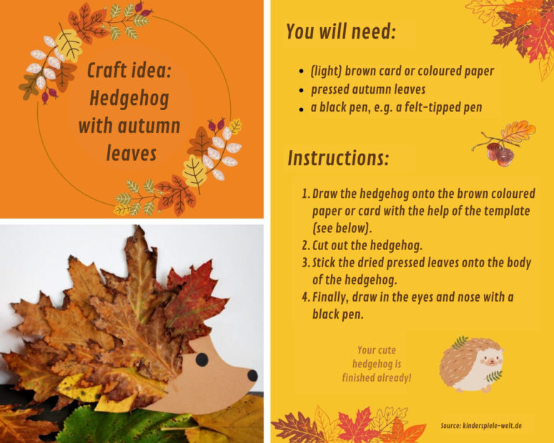 Description how to create a cute hedgehog with autumn leaves