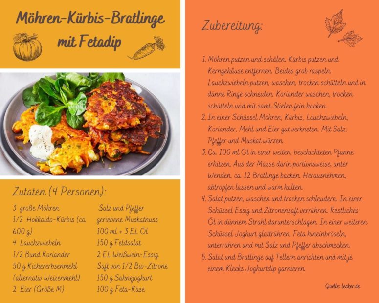 Rezept der Möhren-Kürbis-Bratlinge mit Fetadip