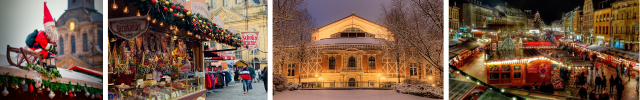 Grafik, um zwei Textabsätze zu trennen, er zeigt eine Bildercollage aus Impressionen vom Weihnachtsmarkt und einer Außenansicht des verschneiten Richard Wagner Festspielhauses von vorne
