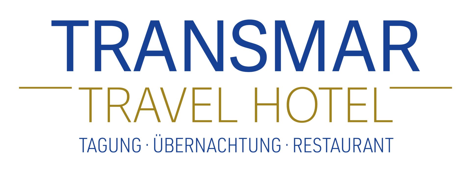Logo für Transmar Travel Hotel mit dem Schriftzug Tagung - Übernachtung - Restaurant darunter, der auf Dienstleistungen für Konferenzen, Unterkunft und Verpflegung hinweist. Der Text ist in Blau und Gold auf weißem Hintergrund.