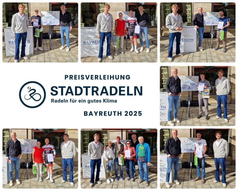 Eine Collage aus sieben Fotos zeigt Personen, die bei der Veranstaltung STADTRADELN Bayreuth 2025 ausgezeichnet wurden. Die Gewinner halten Urkunden und Preise neben einem Banner mit der Aufschrift "Stadtradeln - Radeln für ein gutes Klima".