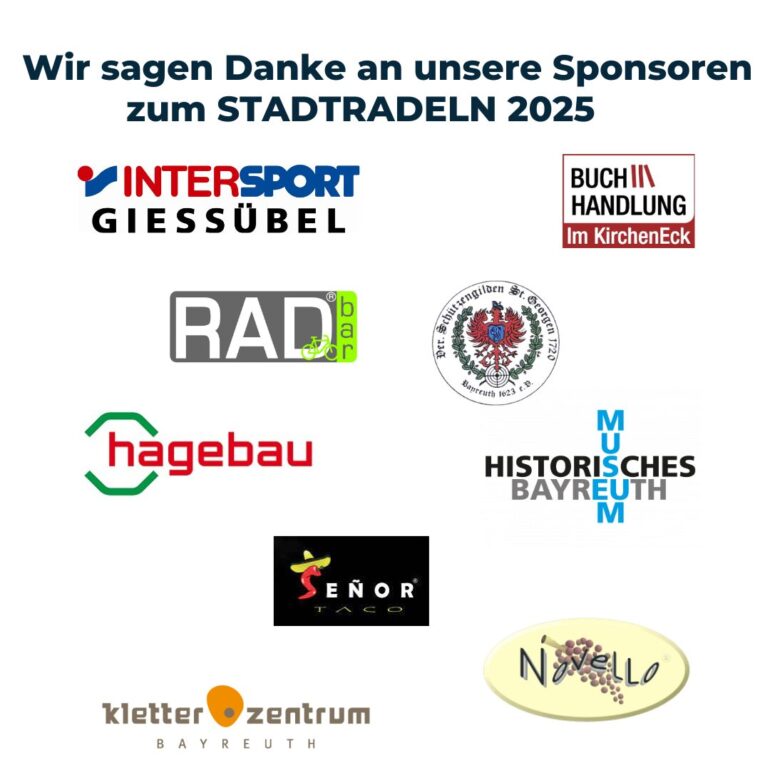 Logos der Sponsoren des STADTRADELN 2025 in Bayreuth mit INTERSPORT GIESSÜBEL, Buchhandlung Im KirchenEck, RAD bar, hagebau, Historisches Museum Bayreuth, Señor Taco, Kletterzentrum Bayreuth und Nutello.
