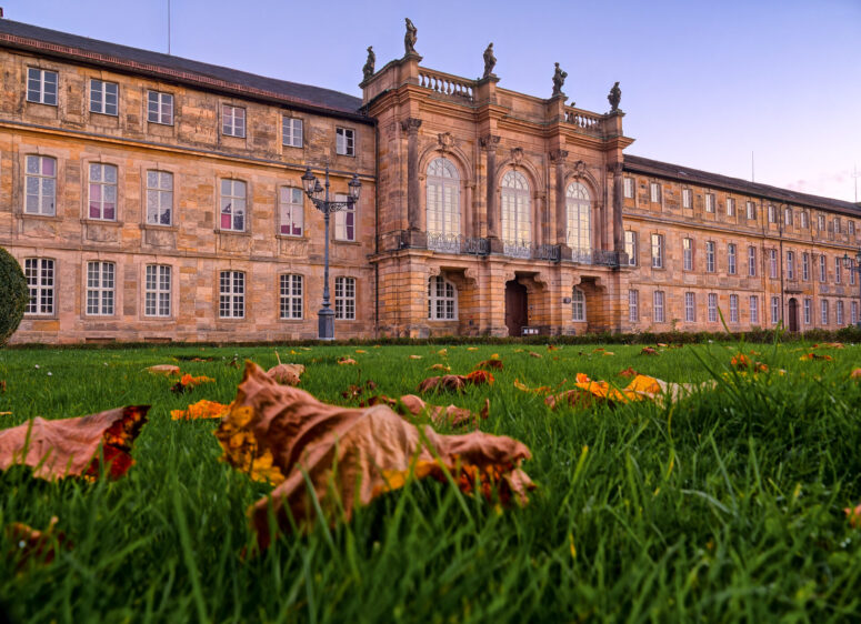 Ein historisches Steingebäude mit großen Fenstern und Statuen auf dem Dach steht hinter einer grünen Wiese, die mit herabgefallenem Herbstlaub übersät ist - perfekt für einen friedlichen Spaziergang unter dem sanft beleuchteten Himmel am frühen Morgen oder späten Nachmittag.