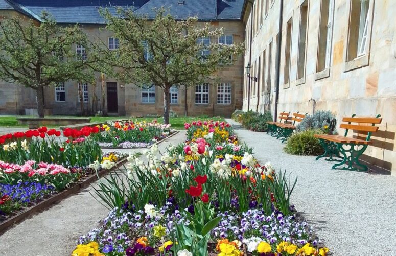 Ein lebendiger Blumengarten mit farbenfrohen Tulpen und Stiefmütterchen säumt einen Kiesweg zwischen zwei Bänken in einem Innenhof, der von alten Steingebäuden und belaubten Bäumen gesäumt wird - perfekt, um den Frühling bei Erlebnisführungen zu genießen.