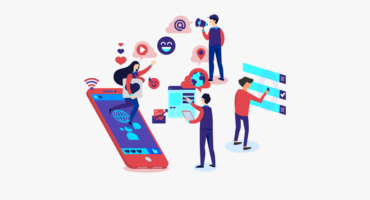 Illustration von Menschen, die mit digitalen Geräten, Social-Media-Symbolen und Diagrammen interagieren, die Online-Kommunikation, soziale Netzwerke und digitale Zusammenarbeit rund um ein großes Smartphone symbolisieren.