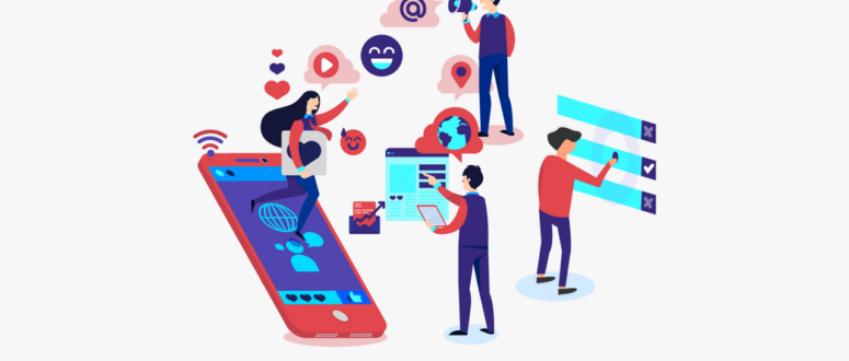 Illustration von Menschen, die mit digitalen Geräten, Social-Media-Symbolen und Diagrammen interagieren, die Online-Kommunikation, soziale Netzwerke und digitale Zusammenarbeit rund um ein großes Smartphone symbolisieren.