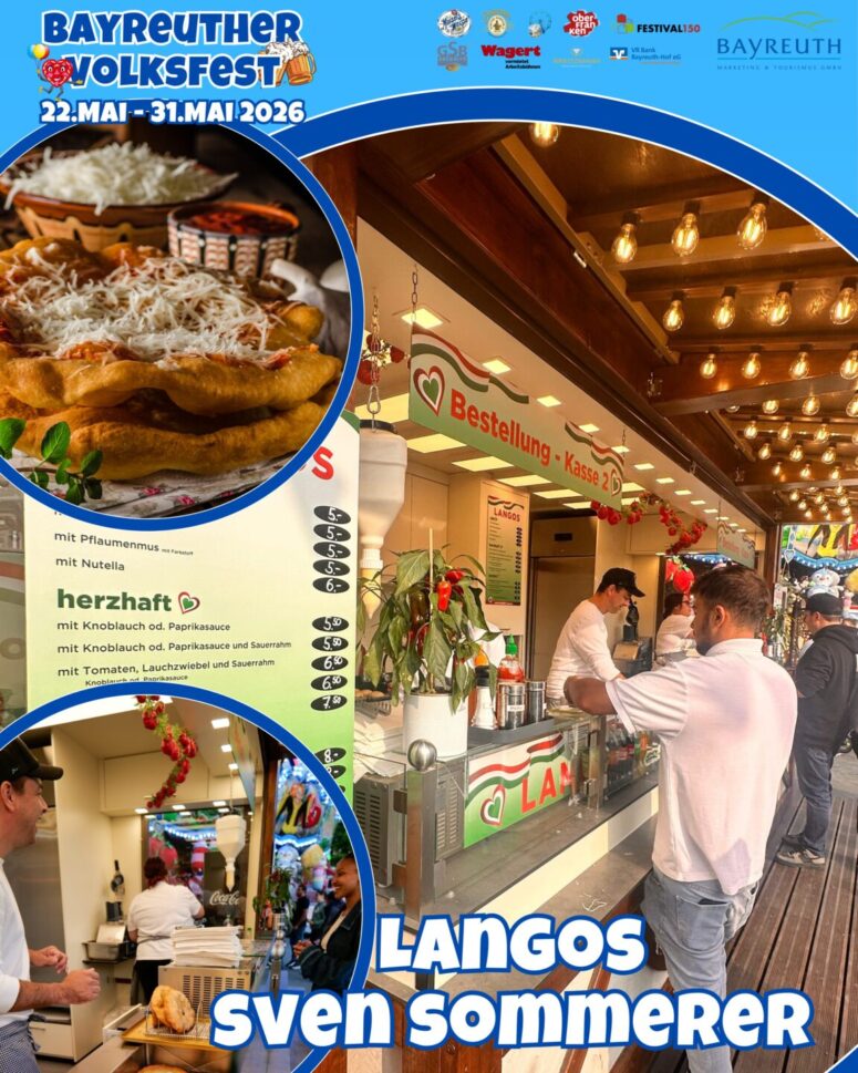 Werbeplakat für das Bayreuther Volksfest 2026 mit Fotos von Langos, einem Essensstand mit Bestellern, einer Speisekarte und Veranstaltungshinweisen in deutscher Sprache. Blauer und gelber Text hebt "Langos sven Sommerer" und Genussstationen Bayreuth Volksfest hervor.