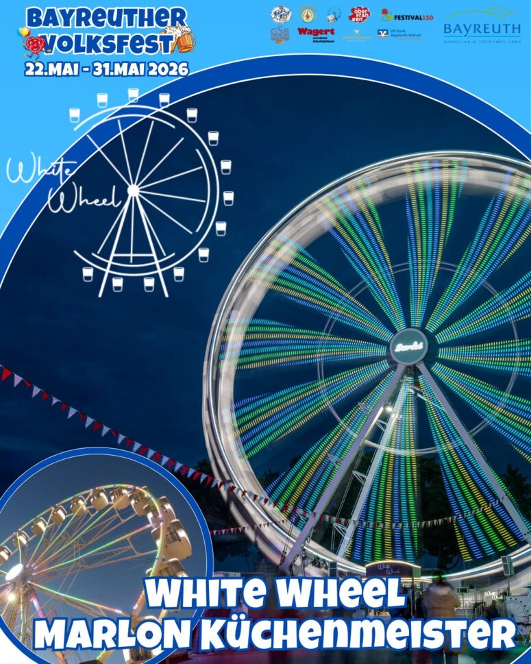 Ein hell erleuchtetes Riesenrad dreht sich bei Nacht während des schausteller Volksfestes 2026, mit bunten Lichtern und Menschen in der Nähe. Veranstaltungsdetails und Logos werden über und unter dem Bild angezeigt.