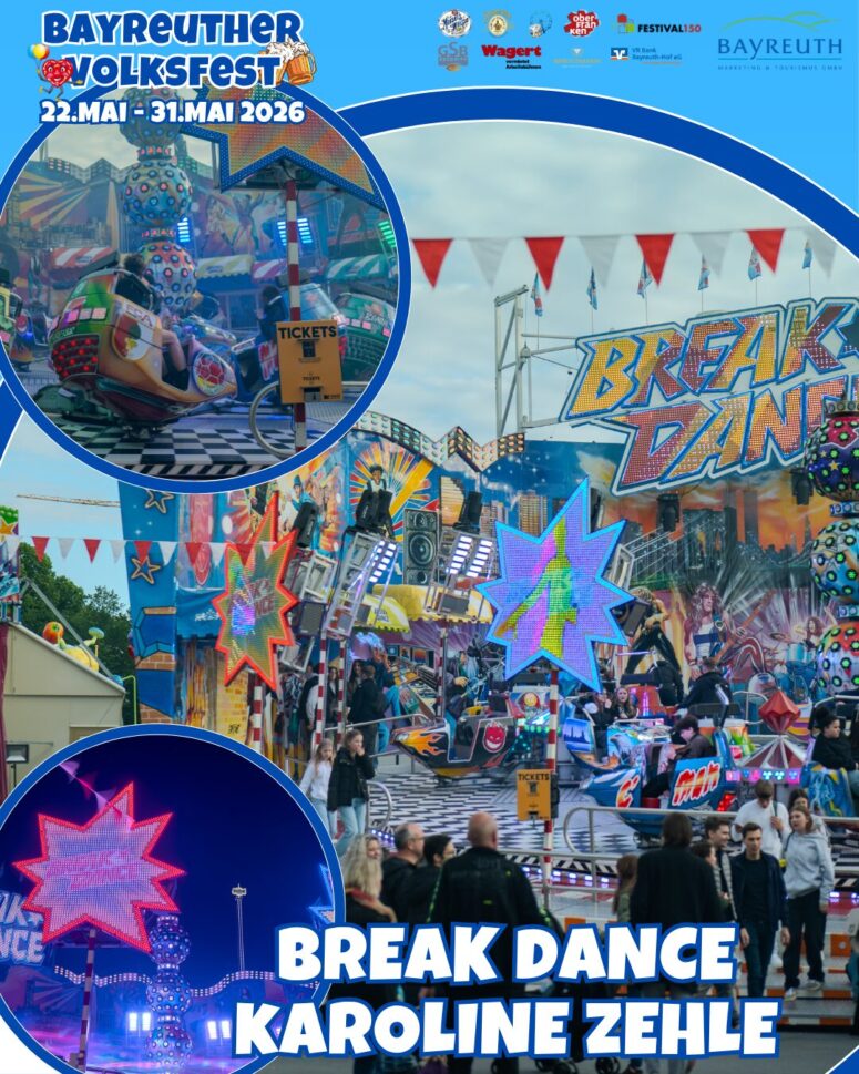 Farbenfrohe Festplatzszene auf dem Bayreuther Volksfest mit dem Break Dance-Fahrgeschäft in Bewegung, hellen Lichtern, auffälliger Beschilderung und Festdekoration. Die Bilder zeigen die Highlights der Schausteller und eine Nachtansicht - freuen Sie sich auf das Volksfest 2026!.