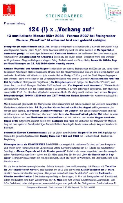 Eine deutsche Pressemitteilung von Steingraeber mit der Überschrift 124(!) x Vorhang auf informiert über Musikveranstaltungen von März 2026 bis Februar 2027. Die Seite enthält Text in schwarzer und blauer Farbe, der durch rote Akzente hervorgehoben wird.