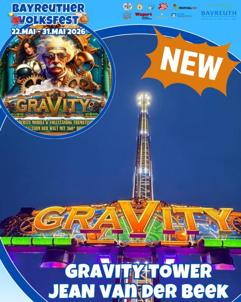 Das farbenfrohe Plakat für das Bayreuther Volksfest 2026 zeigt das neue Fahrgeschäft Gravity Tower und unterstreicht mit leuchtenden Lichtern und Grafiken, Veranstaltungsterminen und Logos die Begeisterung für das Bayreuther Volksfest 2026.