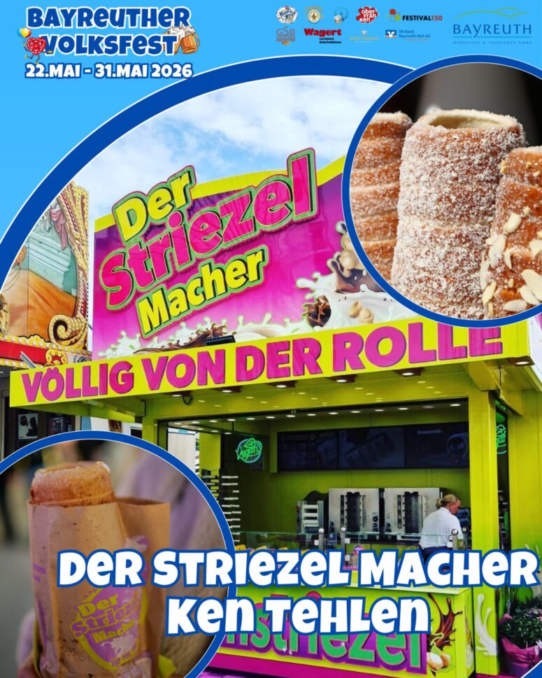 Ein farbenfroher Striezelstand auf dem Süß & Lecker Bayreuther Volksfest 2024, mit Schildern mit der Aufschrift Der Striezel Macher und Nahaufnahmen von zuckerüberzogenen Striezelkuchen. Details zur Veranstaltung finden Sie oben.
