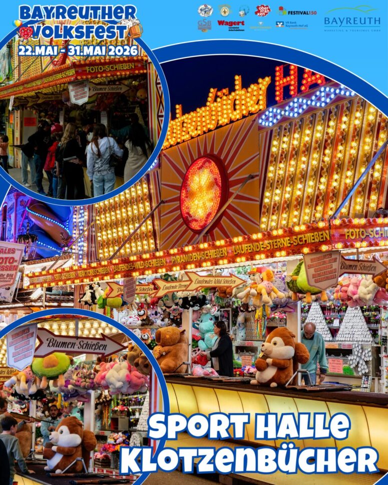 Farbenfrohe Szenen vom Bayreuther Volksfest mit bunten Lichtern, Spielbuden mit Plüschtierpreisen und Menschen, die sich in der Sporthalle Klotzenbücher vergnügen.