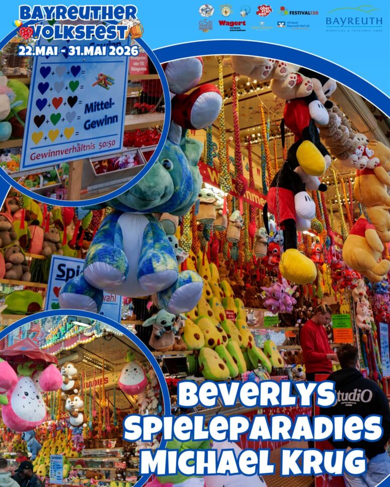 Bunter Faschingsstand mit hängenden Plüschtieren und Preisen, mit Schildern mit Spielanweisungen. Bannertext wirbt für das Bayreuther Volksfest 2026 und das Beverly's Spieleparadies Michael Krug.