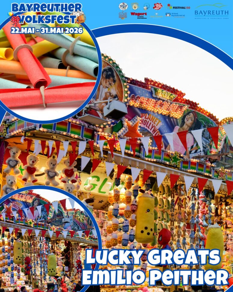 Buntes Plakat für das Bayreuther Volksfest 2026 mit Fahrgeschäften, Preisen wie Plüschtieren, Papierrollen und festlicher Dekoration. Veranstaltungstermine: 22. Mai-31. Mai 2026. Text: Lucky Greats Emilio Peither.
