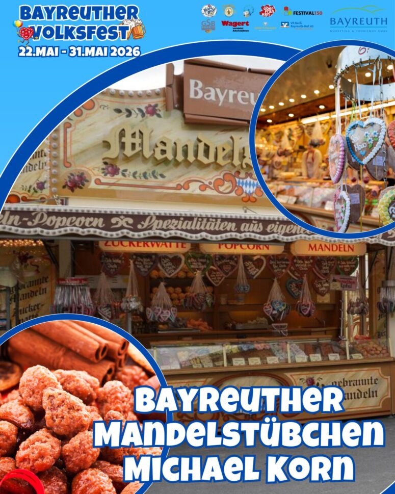 Buntes Festplakat für das Süß & Lecker Bayreuther Volksfest 2024 mit Bildern von kandierten Mandeln, Lebkuchenherzen, einer Festbude mit der Aufschrift Mandelstübchen und bunten Veranstaltungshinweisen.