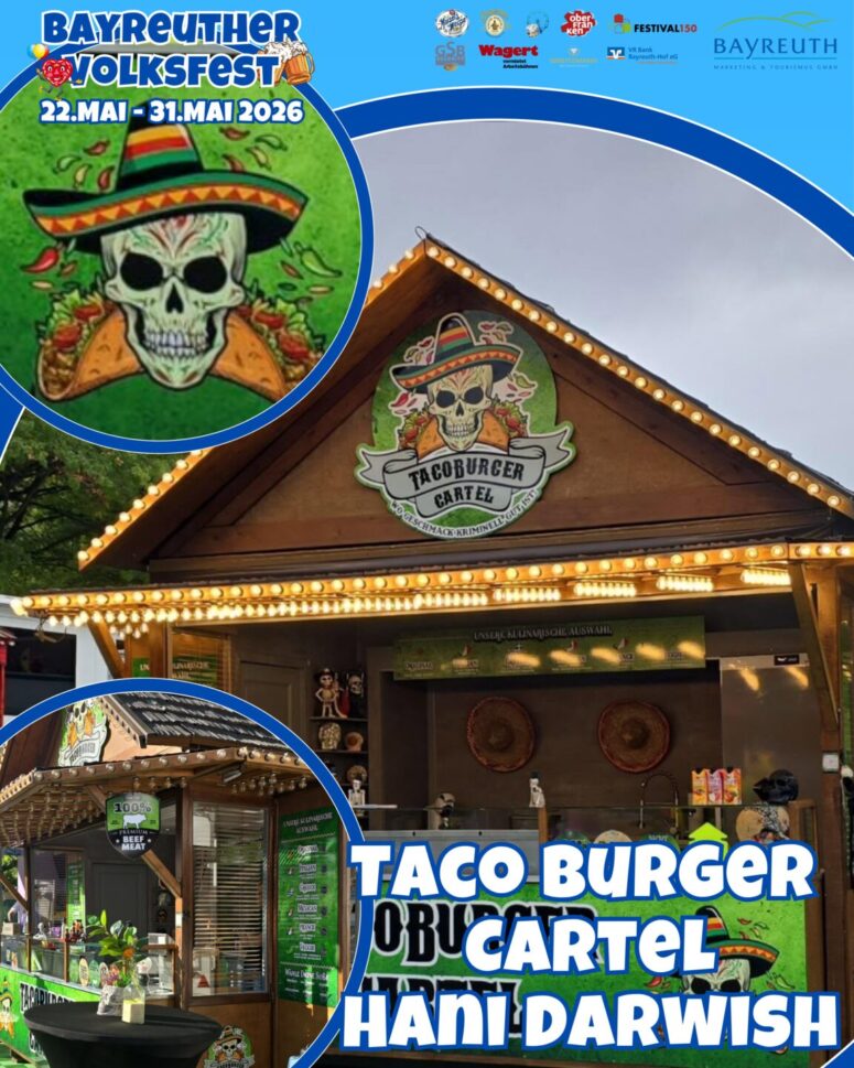 Ein festlicher Essensstand mit dem Namen "Taco Burger Cartel", dekoriert mit einem Sombrero tragenden Totenkopf-Logo auf den Genussstationen des Bayreuther Volksfestes 2026. Der Stand verkauft Essen unter einem wolkenverhangenen Himmel, wobei Veranstaltungsdetails und Text das Bild überlagern.