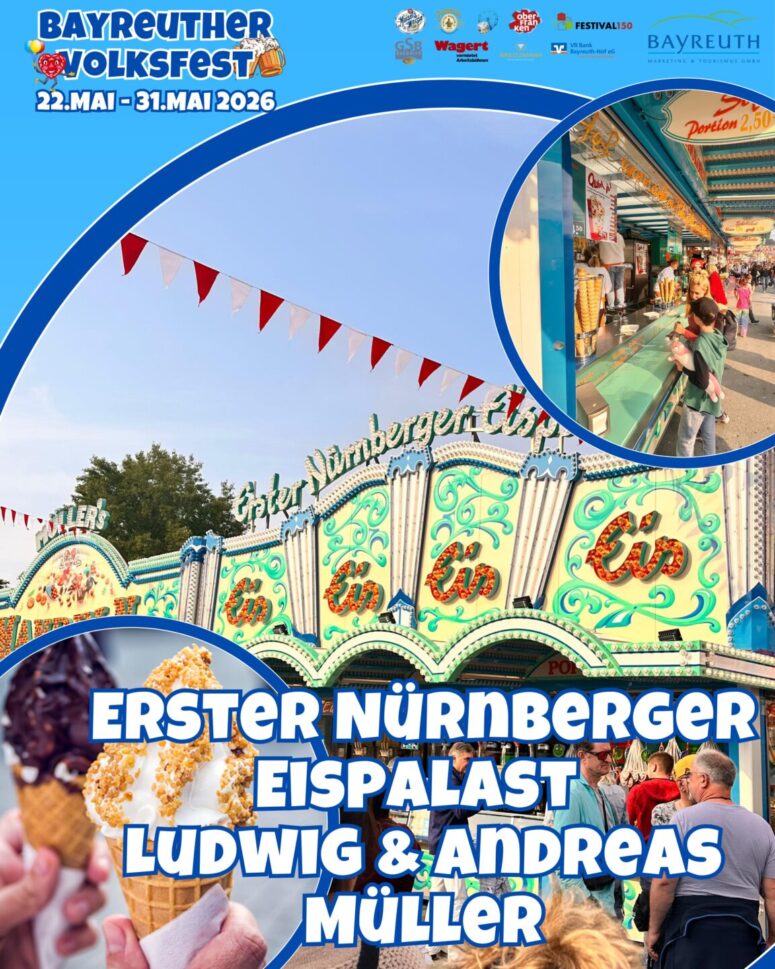 Das Plakat für das Bayreuther Volksfest 2026 zeigt einen festlichen Festplatz mit Menschen, Essensständen, Eis und dem Süß & Lecker-Flair. Der Text hebt "Erster Nürnberger Eispalast Ludwig & Andreas Müller" hervor. Die Veranstaltung läuft vom 22. bis 31. Mai 2026.