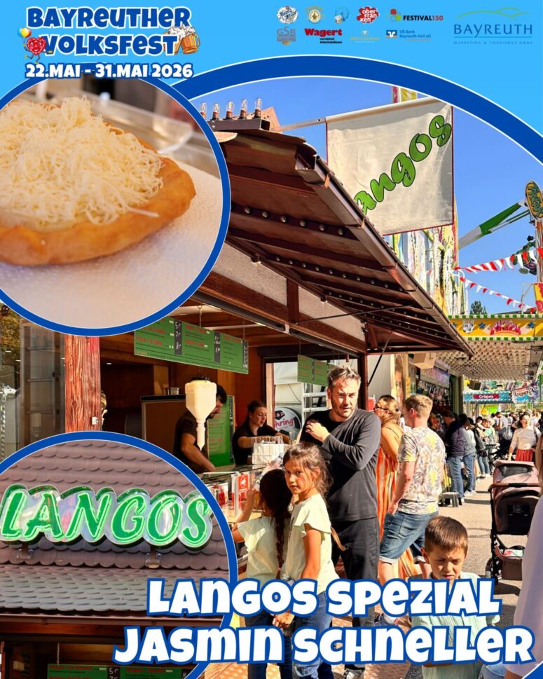 An einem belebten Festplatz werden Langos serviert, ein ungarisches, mit Käse überbackenes Brot. Familien und Kinder stehen an einer der Genussstationen des Bayreuther Volksfestes Schlange, wo leuchtende Schilder für "Langos Spezial" vom 22. Mai bis 31. Mai 2026 werben.