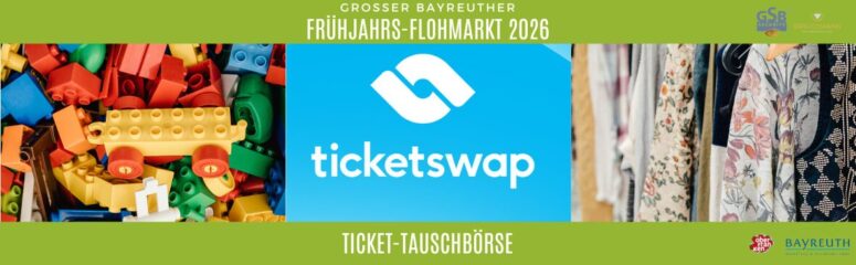 Ein farbenfrohes Werbebanner für den Bayreuther Flohmarkt 2026 mit bunten LEGO-Steinen, dem Logo von ticketswap, Kleiderständern und den Logos der Veranstaltung und der Sponsoren am oberen und unteren Rand.