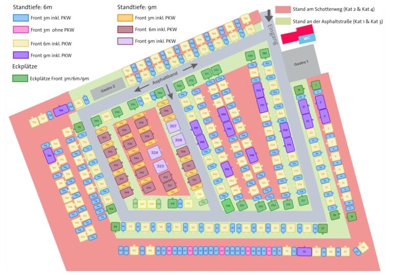 Ein farblich gekennzeichneter Lageplan des Bayreuther Flohmarktes zeigt nummerierte Stellplätze, Straßen, Tore, ein WC und eine Legende für Standtiefen, Parkarten und Eckplätze. Der gesamte Plan ist in deutscher Sprache beschriftet.