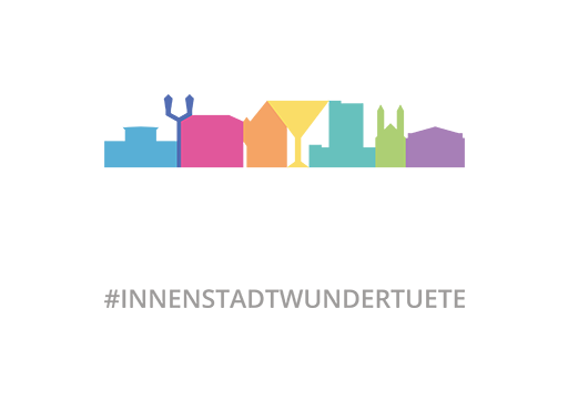 Bunte Silhouette von innenstadt bayreuth Wahrzeichen über den Text BAYREUTHS INNENSTADT und den Hashtag #INNENSTADTWUNDERTUETE auf einem hellen Hintergrund.