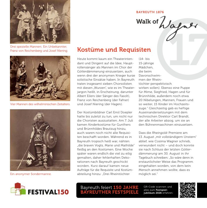 Seite mit sepiafarbenen historischen Fotos von Männern in Kostümen, deutschem Text zu Kostümen und Requisiten der Bayreuther Festspiele, sowie einem FESTIVAL150-Logo und Veranstaltungshinweisen am unteren Rand. Mit Highlights aus dem Walk of Wagner.