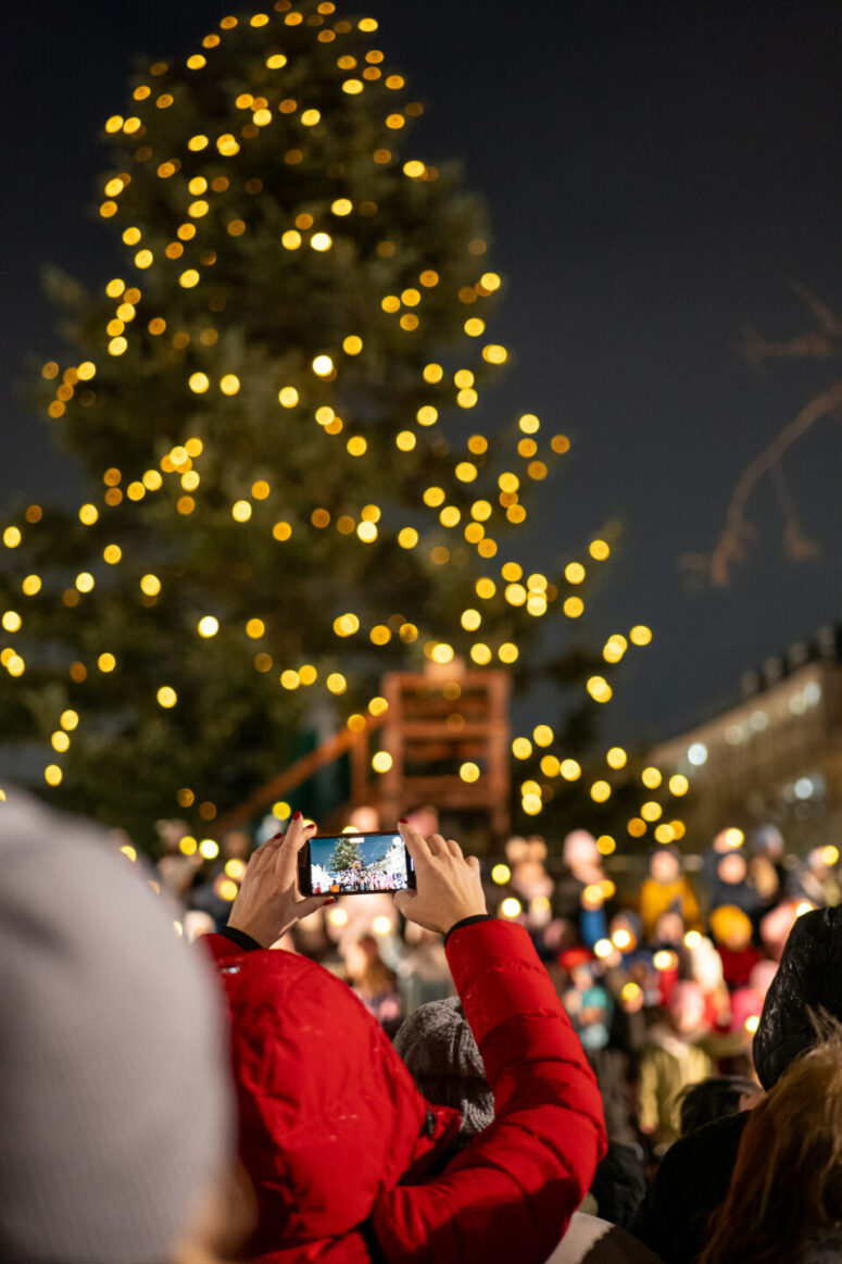 Eine Person in einem roten Mantel hält ein Handy hoch, um ein Foto von der festlichen Menschenmenge vor einem großen, geschmückten und mit gelben Lichtern leuchtenden Weihnachtsbaum in der Nacht zu machen, das sich perfekt für CC0-Bilder-Sammlungen eignet.