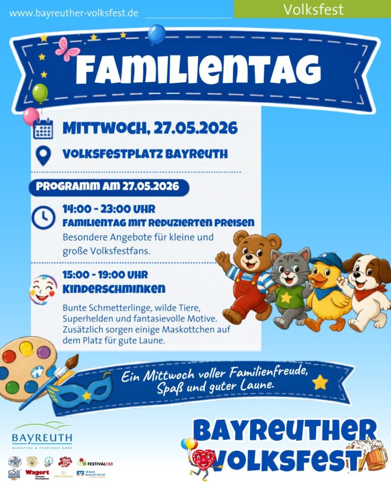 Buntes Plakat für den Familientag auf dem Bayreuther Volksfest am 27. Mai 2026 mit Veranstaltungshinweisen, verspielten Luftballons, Teddybär, Tiger, Hase und einem blauen Himmel mit Cartoon-Wolken und Wimpeln für ein fröhliches Volksfest.