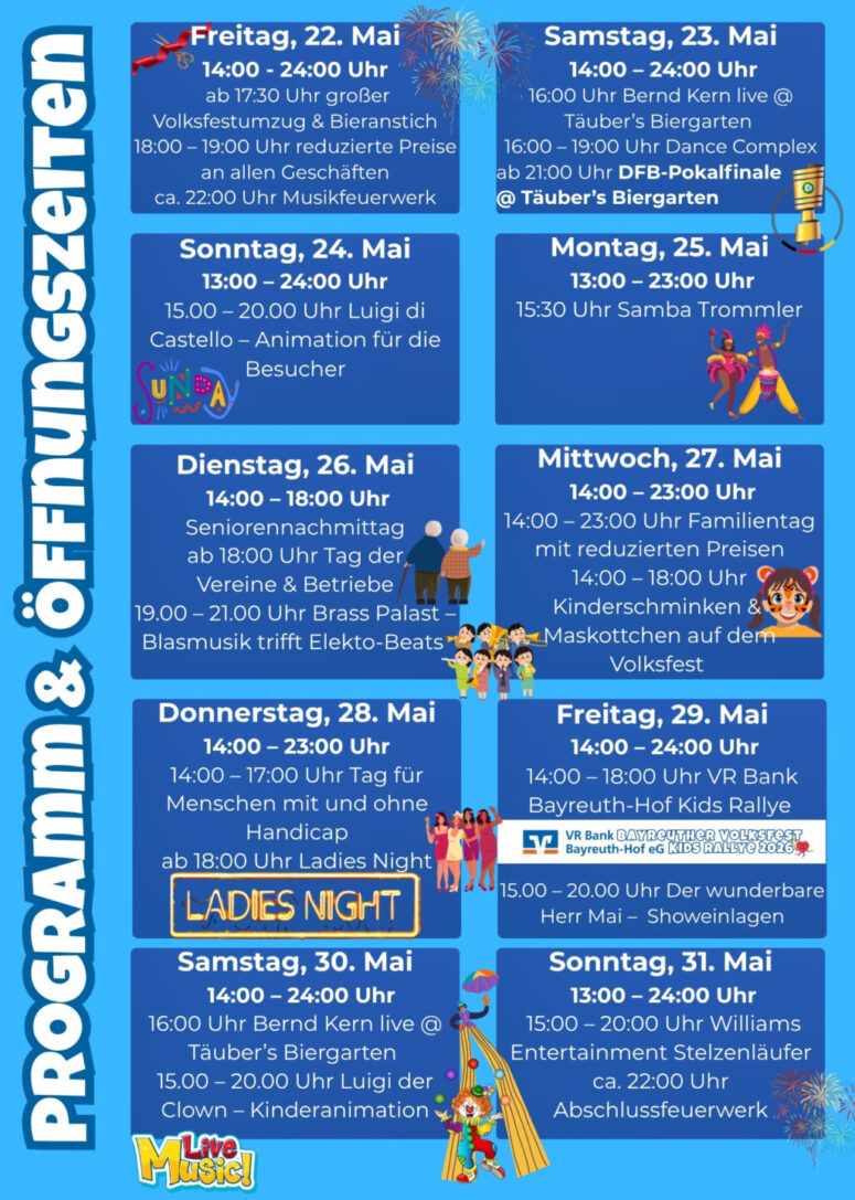 Bunter Veranstaltungskalender für ein Volksfest, der die Aktivitäten vom 22. bis 31. Mai auflistet, darunter Musik, Aufführungen, Themenabende, Familienspaß und Öffnungszeiten. Überall sind Illustrationen von tanzenden, musizierenden und feiernden Menschen zu sehen.