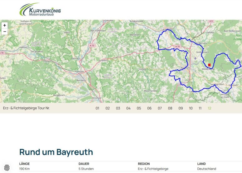 Eine Karte, die eine blau eingezeichnete Motorradfahren-Route um Bayreuth, Deutschland, durch das Erzgebirge und das Fichtelgebirge zeigt, mit einer Tourzusammenfassung und Details unterhalb der Karte.