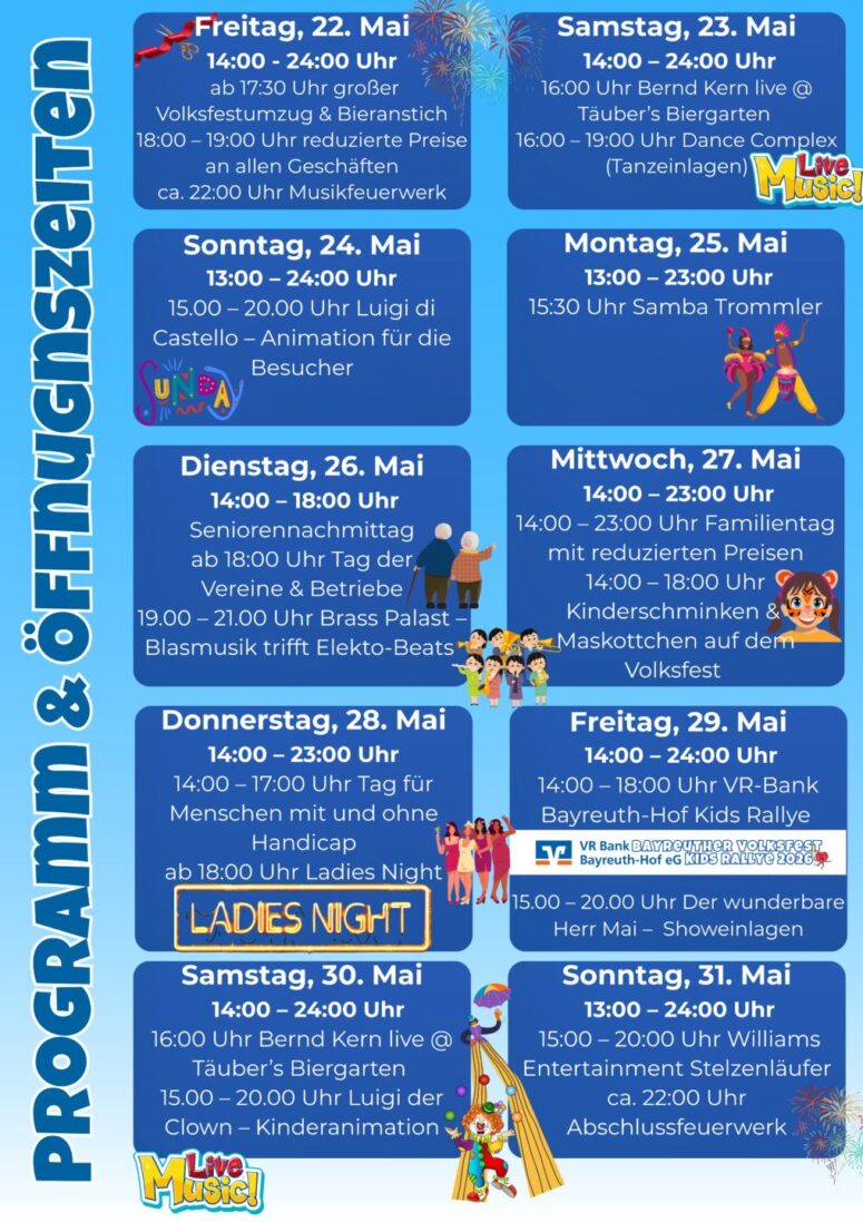 Ein farbenfroher Volksfest-Veranstaltungskalender listet Daten, Zeiten und Aktivitäten für ein Fest vom 22. bis 30. Mai auf, darunter Live-Musik, Tanz, Shows und Kinderveranstaltungen, mit verspielten Symbolen und blauem Hintergrund.