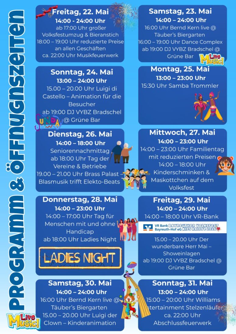 Ein farbenfroher Volksfest-Veranstaltungskalender in deutscher Sprache listet die täglichen Aktivitäten vom 22. bis 28. Mai auf, darunter Musik, DJs, Themenabende, Familienspaß und Seniorennachmittage, mit Abbildungen von Menschen, Feuerwerk und festlichen Symbolen.