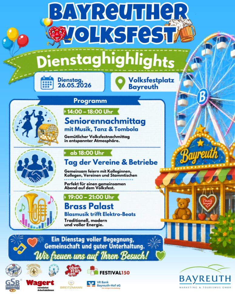 Buntes Volksfestplakat für das Bayreuther Volksfest 2026 mit den Highlights des Dienstags: Seniorennachmittag mit Musik, Vereins- und Firmentag mit Preisen und abendliche Blasmusik. Mit festlichen Ikonen, Bayreuth-Schild, Riesenrad und Sponsorenlogos.