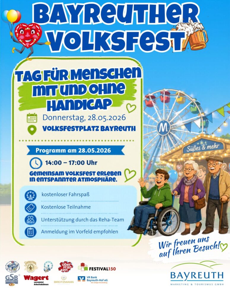 Buntes Volksfest-Plakat für das Bayreuther Volksfest am 28. Mai 2026, einem Tag für Menschen mit und ohne Behinderung, mit Freifahrten, Essen, inklusiven Aktivitäten und Gemeinschaftsspaß auf dem Volksfestplatz Bayreuth.
