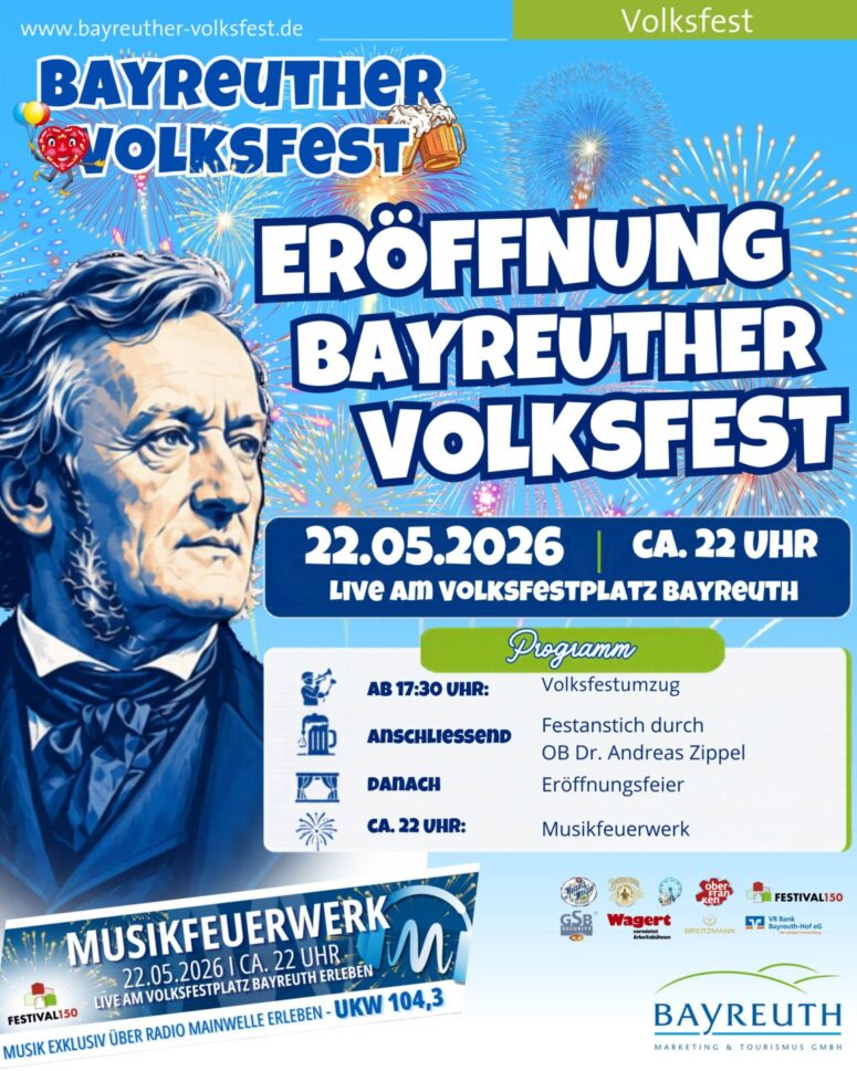 Plakat für die Eröffnungsveranstaltung des Bayreuther Volksfestes 2026 mit einem Porträt von Richard Wagner, Veranstaltungshinweisen, Programmablauf und festlichen Grafiken wie einem Feuerwerk, mit Sponsorenlogos am unteren Rand. Feiern Sie das Volksfest im großen Stil!.