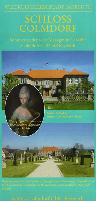 Werbeplakat für das Schloss Colmdorf in Bayreuth mit Abbildungen des Schlosses und seiner Gärten, einem Porträt der Markgräfin Caroline und einem deutschen Text über die Geschichte und Lage der Sommerresidenz.