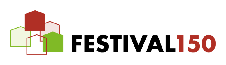 Logo für das Bayreuther Flohmarkt Festival 150 mit fünf sich überschneidenden Hausformen in Rot, Grün und Pink auf der linken Seite und fetter schwarzer und roter Schrift FESTIVAL 150 auf der rechten Seite.