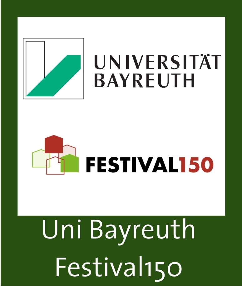 Logo der Universität Bayreuth über dem Festival150-Logo mit geometrischen Formen, alles auf grünem Hintergrund, mit dem Text Uni Bayreuth Bürgerfest Festival150 am unteren Rand.