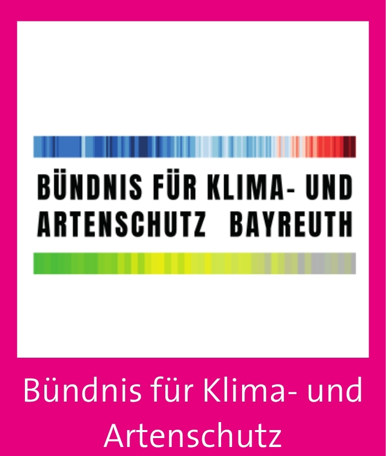 Logo mit farbigen Querbalken und dem Schriftzug Bündnis für Klima- und Artenschutz Bayreuth auf weißem Hintergrund, umrahmt von einer rosafarbenen Umrandung mit demselben Schriftzug am unteren Rand - perfekt für das Bürgerfest.
