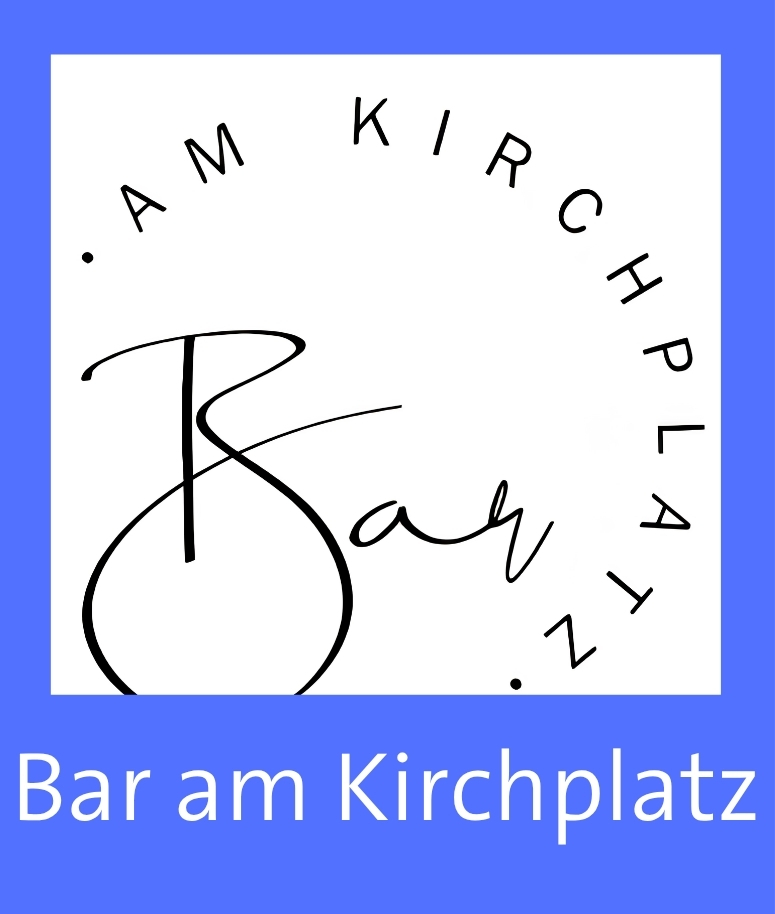 Logo für die Bar am Kirchplatz mit dem Namen in kreisförmiger Anordnung oben und in der Mitte, auf weißem und blauem Hintergrund - perfekt für Veranstaltungen wie das Bürgerfest.