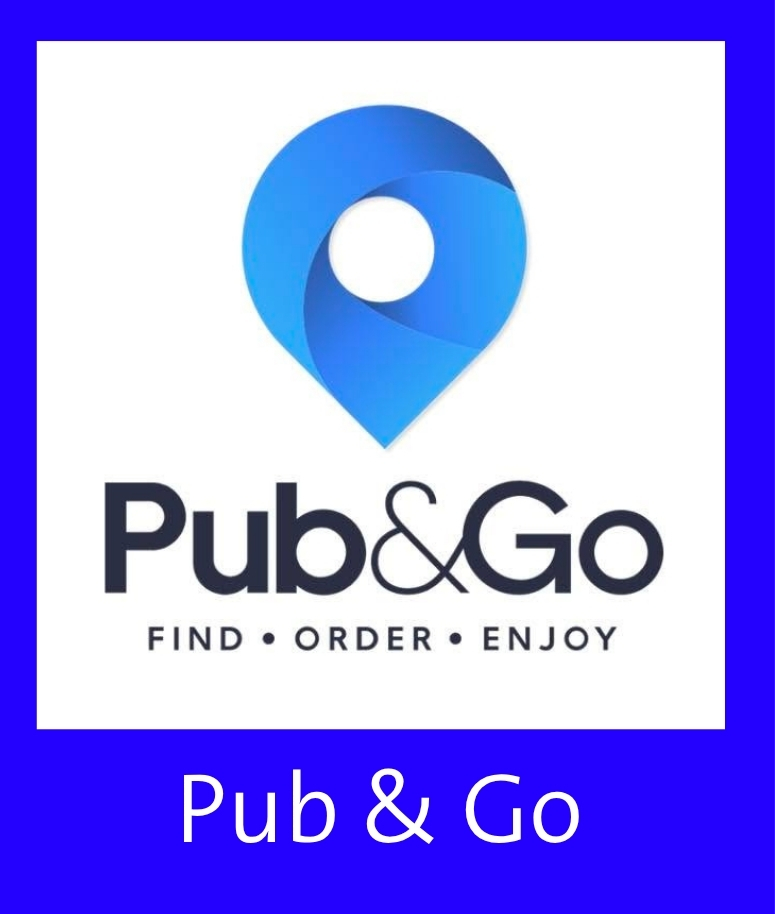 Logo für Pub & Go mit einer blauen Location-Pin-Grafik über dem Text Pub & Go und dem Slogan Find - Order - Enjoy auf blauem Hintergrund - perfekt für das Bürgerfest.