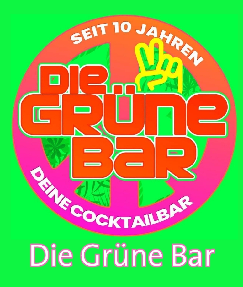 Ein farbenfrohes, rundes Logo mit tropischen Blattmustern trägt die Aufschrift „Seit 10 Jahren Die Grüne Bar – Deine Cocktailbar“ neben einem gelben Peace-Zeichen, das für das Bürgerfest entworfen wurde. Darunter steht „Die Grüne Bar“ in grüner und rosa Schrift.