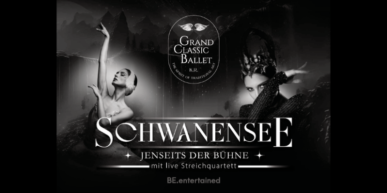 Schwarz-Weiß-Plakat für „Schwanensee“ des Grand Classic Ballet, auf dem eine Ballerina in Weiß und eine dramatische Figur in Schwarz zu sehen sind, mit dekorativem deutschen Text. Teil der Veranstaltungen des Markgräflichen Opernhauses 2026.