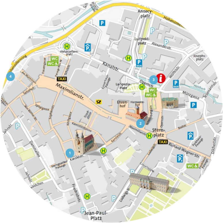 Runder Stadtplan mit Straßen, Sehenswürdigkeiten, Taxiständen, Parkplätzen, Toiletten und hervorgehobenen Gebäuden; Symbole kennzeichnen Touristeninformationen, Kirchen und einen Palast im Zentrum – in der Nähe lebhafter Kleinkunstlokale, in denen lokale darstellende Künste präsentiert werden.