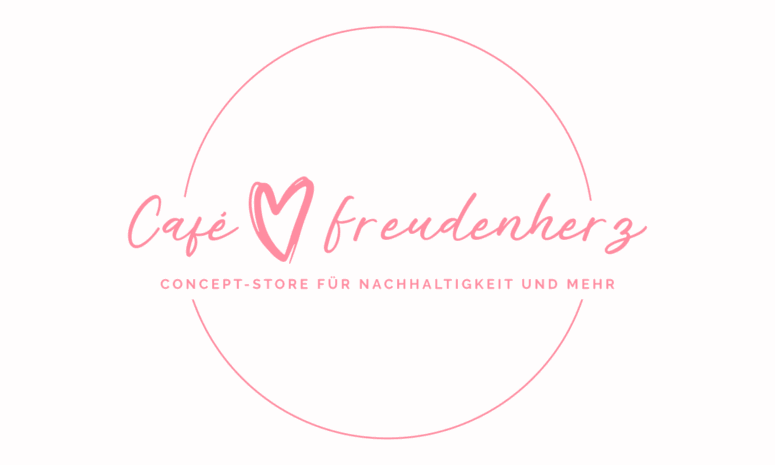 Logo für das Café Freudenherz mit rosa Schriftzug und einem Herz in einem rosa Kreis. Deutscher Slogan: „Concept-Store für Nachhaltigkeit und mehr“.